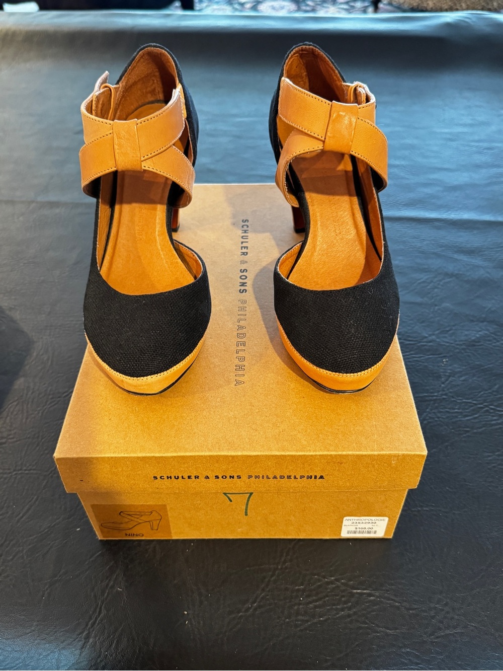 Women's Two-Tone Black and Tan Ankle-Strap Platform Pumps in Box Like New